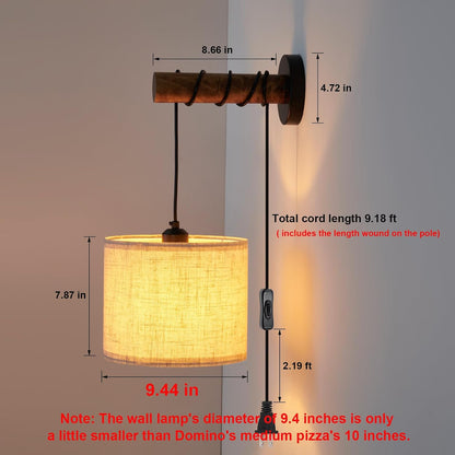 XSDeTu Battery Operated Wall Sconce with Remote, Rechargeable Battery Powered Wall Light, 3 Colors Dimmable Wall Mounted Lights, Adjustable Lamp for Bedroom Bedside, Wooden Arm, Fabric Shade, 2 Pcs