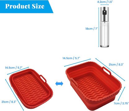 Daily Treasures 2-Pack Foldable Air Fryer Liners For Dual Air Fryer With 1-Pack Oil Sprayer Dispenser, Reusable Silicone Liner In Red