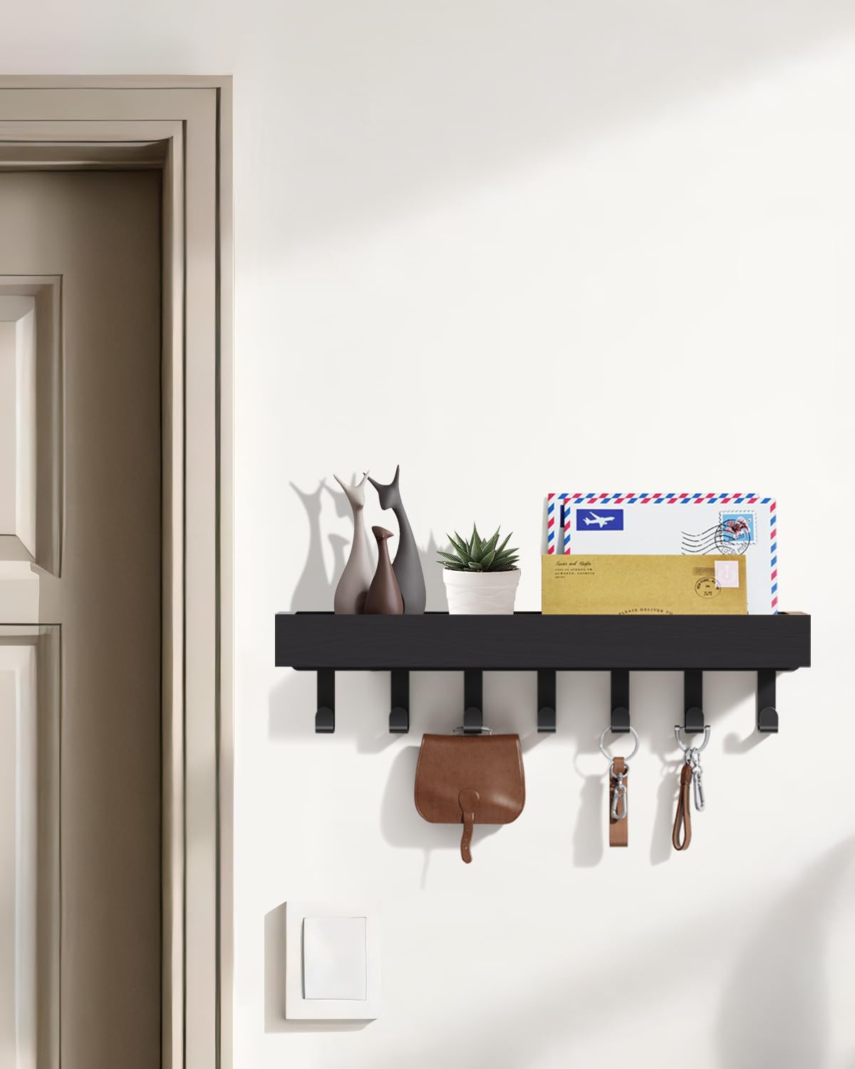 Key Holder Wall Mount Magnetic Adhesive, Key Hooks Rack with Shelf | Key Hanger with Mail Organizer for RV Camper Fridge Living Room Decor, Home Essentials, Black