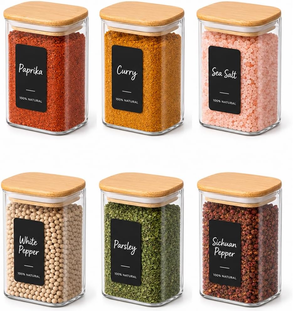 ComSaf Spice Jars 8oz Set of 6, Small Seasoning Containers with 9 Labels | Small Glass Jars With Labels, Empty Rectangle Canisters, Spice Rack Organization, Loose Tea, Herb, Powder, Dry Good, BPA Free