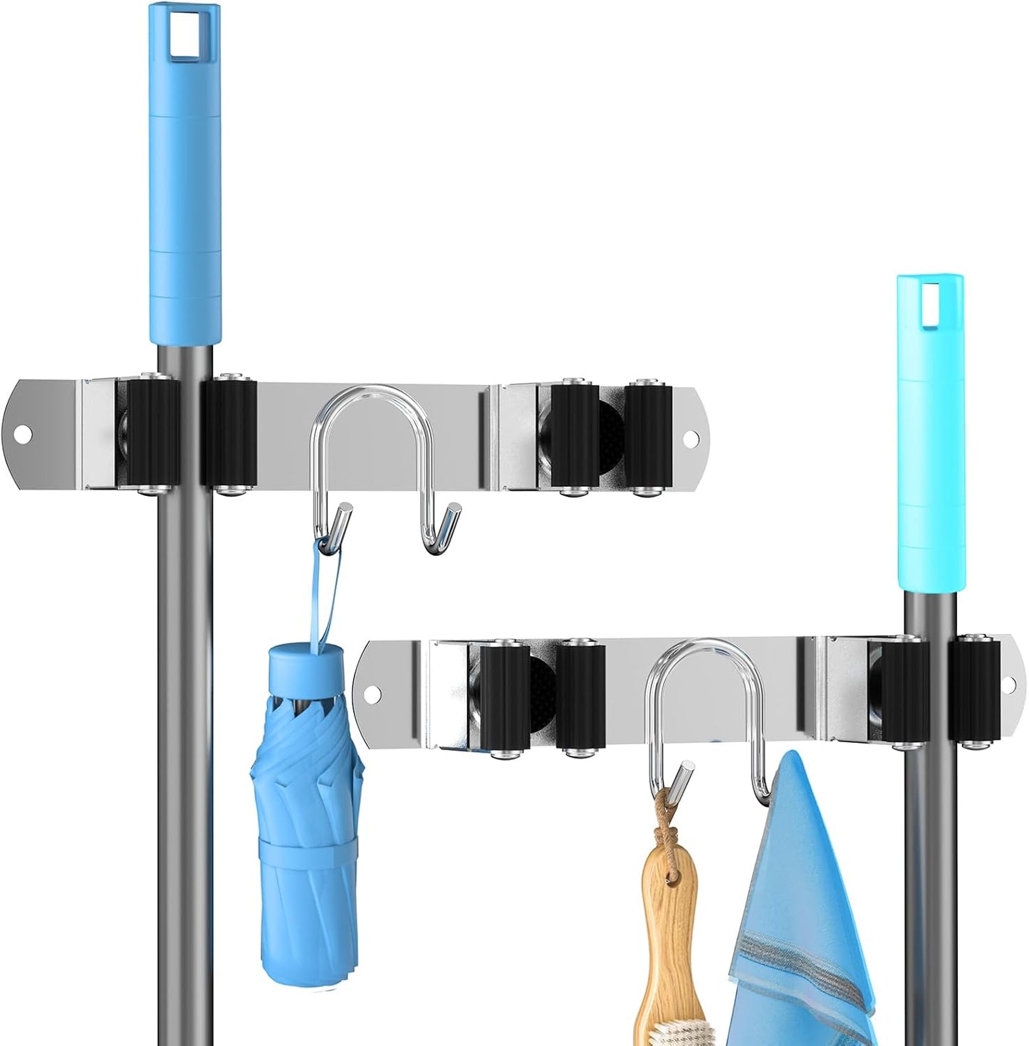 Broom Holder Wall Mount, Stainless Steel Mop and Broom Organizer, Broom Hanger with 2 Slots 2 Hooks for Home Kitchen, Garage, Garden and Laundry Room, Black