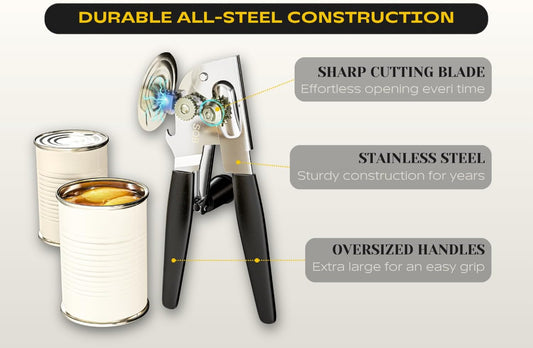 Heavy Duty Can Opener with Magnet – Commercial Can Opener Manual for Seniors & Arthritis - Hand Held, Folding Knob, Smooth Edge, Works on #10 Cans, for Restaurants