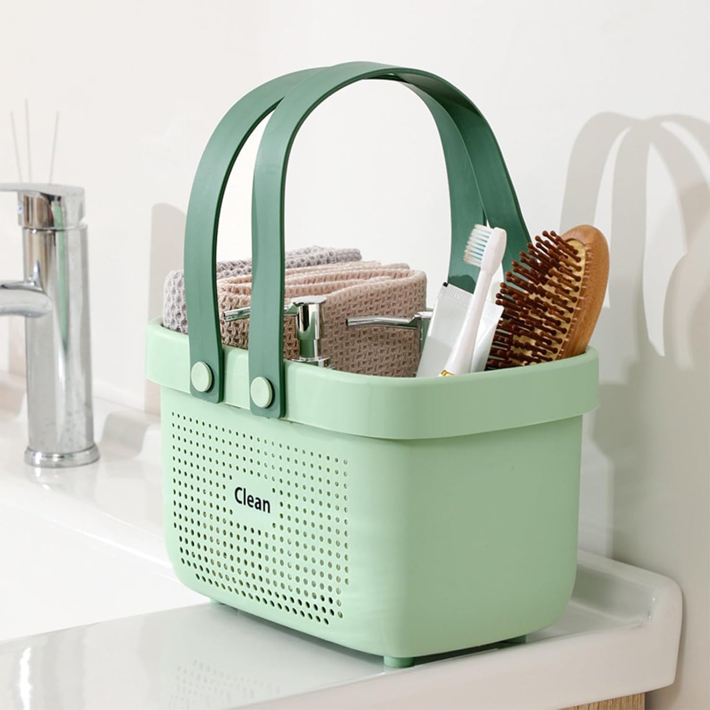 JiatuA Plastic Storage Basket with Handle Portable Shower Caddy Tote Organizer Basket Bin for Bathroom Kitchen Dorm Room Bedroom, Green | Sturdy Drainage Large Capacity Organizer Basket with Silicone Handles for Bathroom Kitchen Bedroom College Dorm