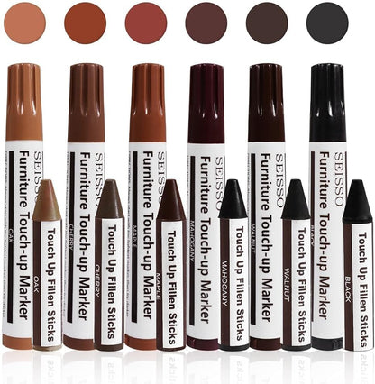 Furniture Repair kit, Wood Scratch Cover Markers*6 and Wax Filler Sticks*6 with Sharpener- 13Pack, Furniture Markers Touch Up Kit for Cover Ups Wooden Floors, Tables, Desks, Carpenters, Stains, Holes