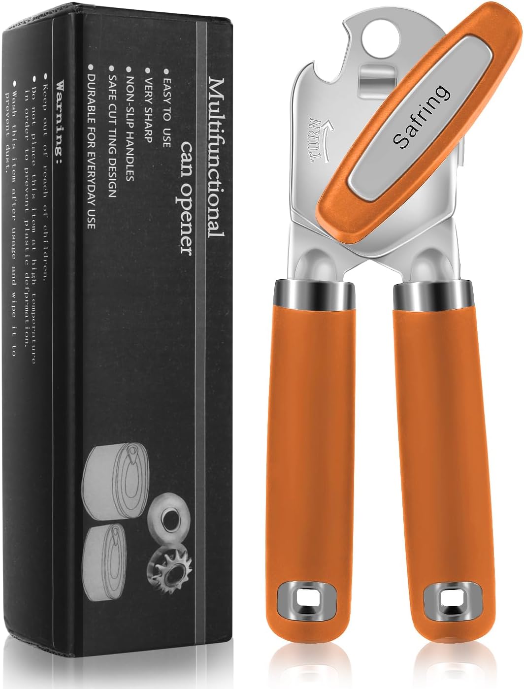 Safring Can Opener Manual, Heavy Duty Handheld Strong Can Opener with Soft Touch Handle, Sharp Blade Smooth Edge, Can Openers with Multifunctional Bottle Opener, Black