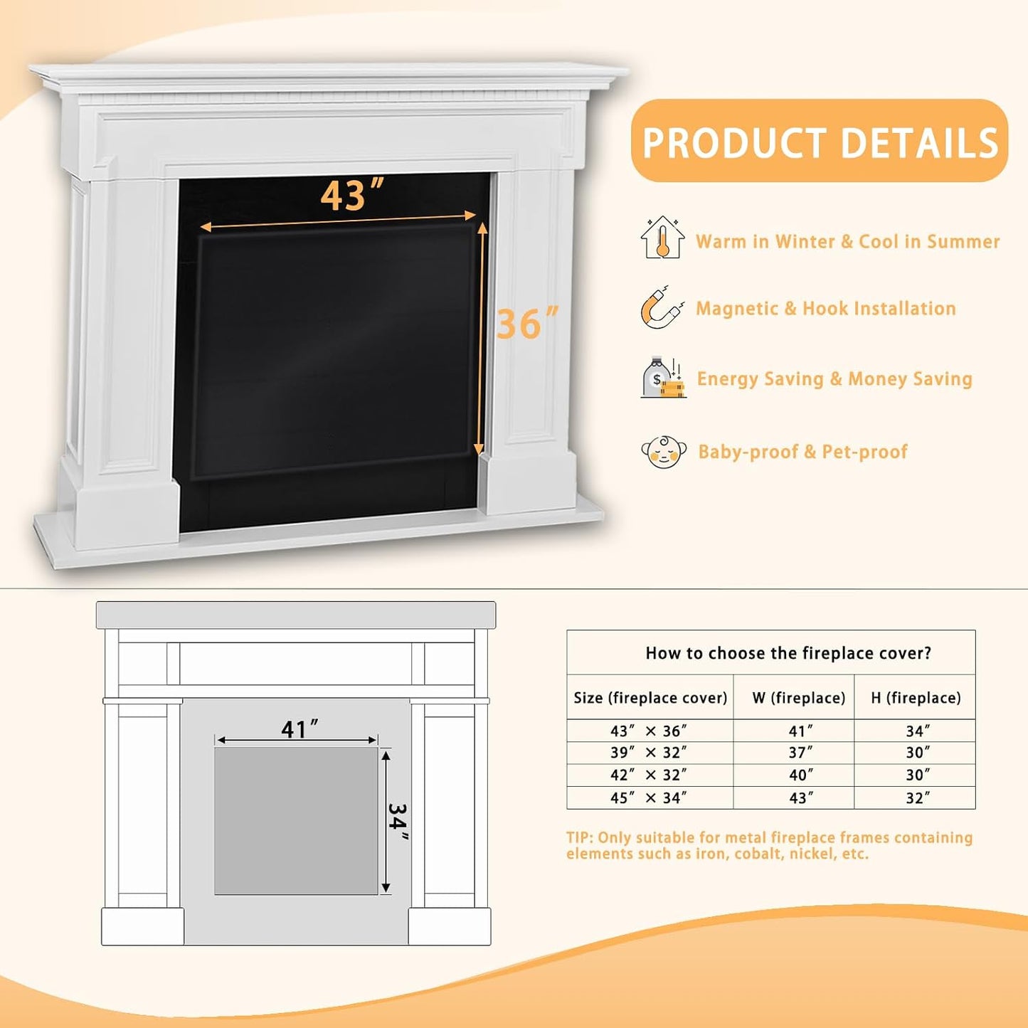 JUIN Fireplace Cover for Baby Proof: 43×36 Magnetic Fire Place Blanket for Indoor Brick Fireplace - Fireplace Draft Stopper Tool with 12 Strong Magnets for Heat Loss Living Room Insulation