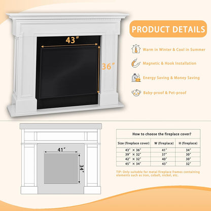 JUIN Fireplace Cover for Baby Proof: 43×36 Magnetic Fire Place Blanket for Indoor Brick Fireplace - Fireplace Draft Stopper Tool with 12 Strong Magnets for Heat Loss Living Room Insulation