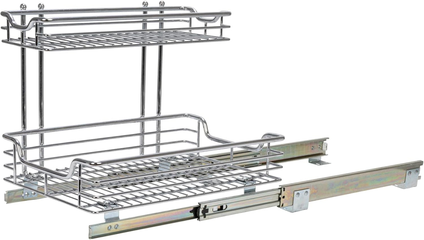 Household Essentials Glidez Multipurpose Chrome-Plated Steel Pull-Out/Slide-Out Storage Organizer for Cookware and Bakeware - 2-Tier Design - Fits Standard Size Cabinet or Shelf, Chrome
