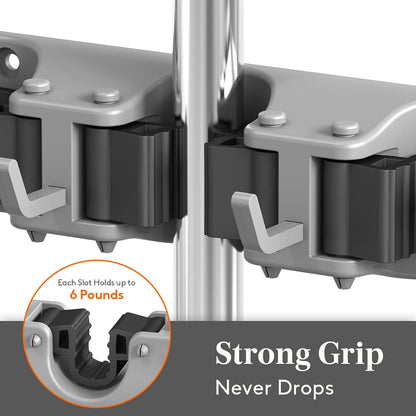Lifewit Mop and Broom Holder Organzier Wall Hanging Mount, Black, 1 Pack | Anti-Slip Broom Storage for Cleaning Organizer, Easy Install Tool Hanging Rack with 5 slots & 6 hooks for Kitchen, Garage