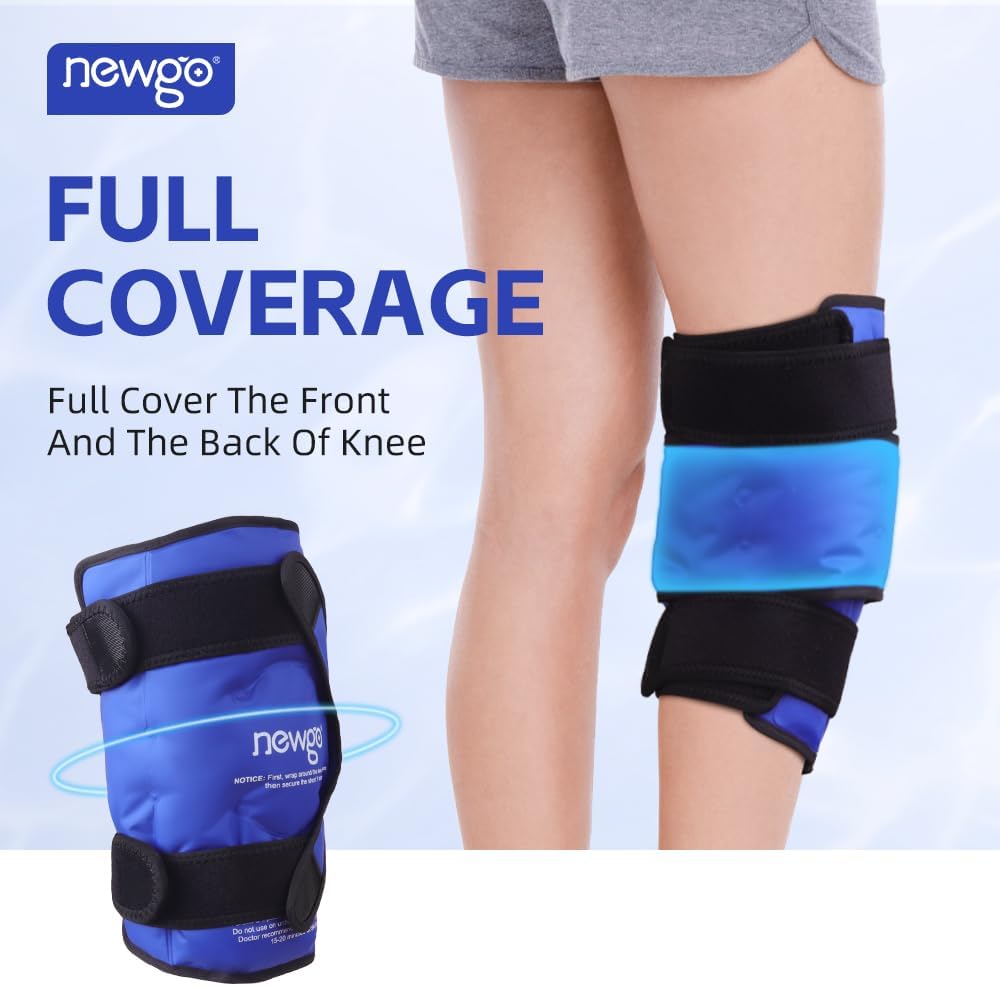 NEWGO Knee Ice Pack Wrap, 360° Full Wrap, Blue | Y-shaped Strap Stays Put, Reusable for Knee Replacement, ACL, Arthritis, Swelling, and Sports Injuries, 21.7" x 9.8"