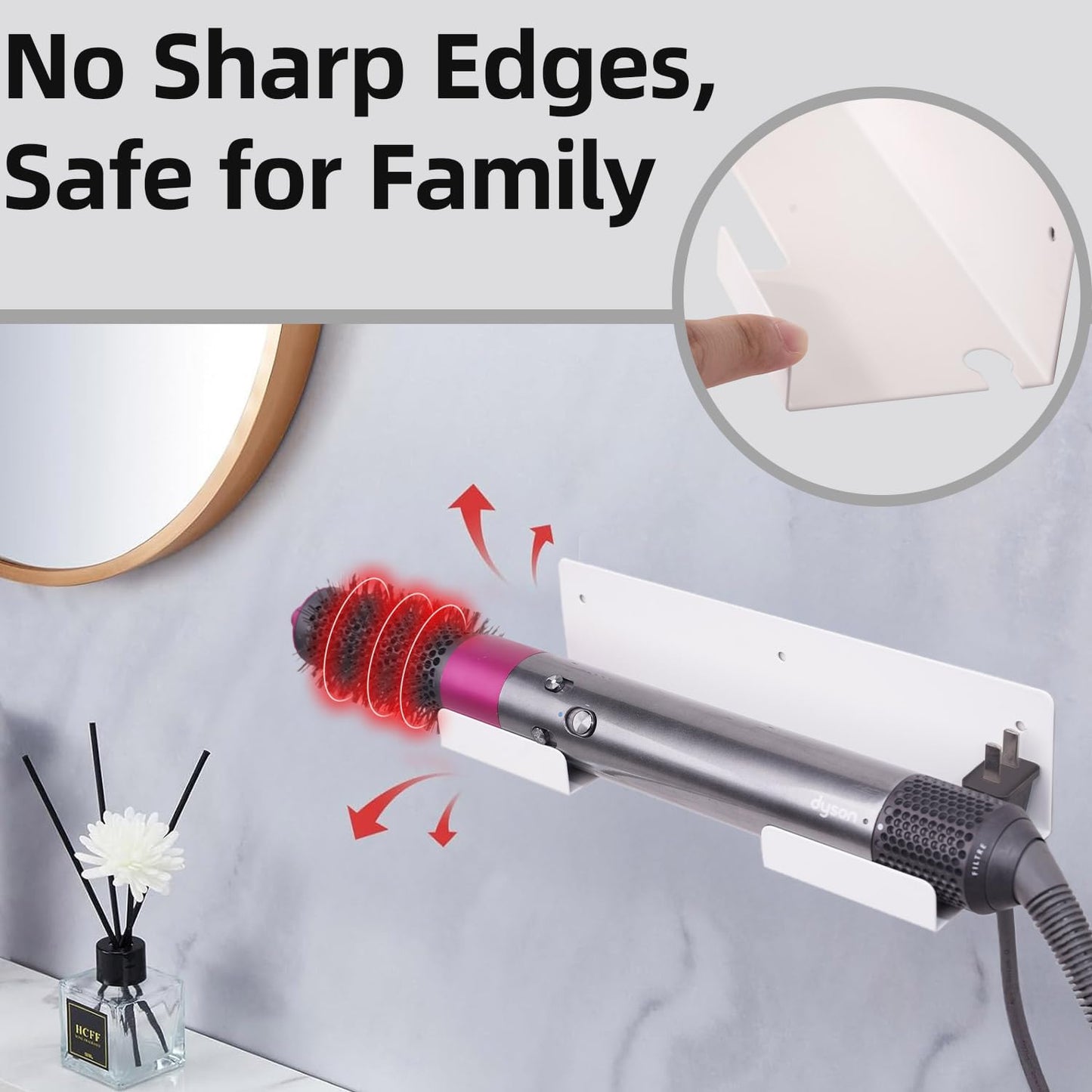 Hair Tool Organizer Wall Mount, Stainless Steel Hair Tool Holder with 2 Heat-Resistant Cups, Curling Iron Holder for Vanity, Hot Tools Organizer with PVC Ring,Hair Dryer Holder for Bathroom, BANJEKT