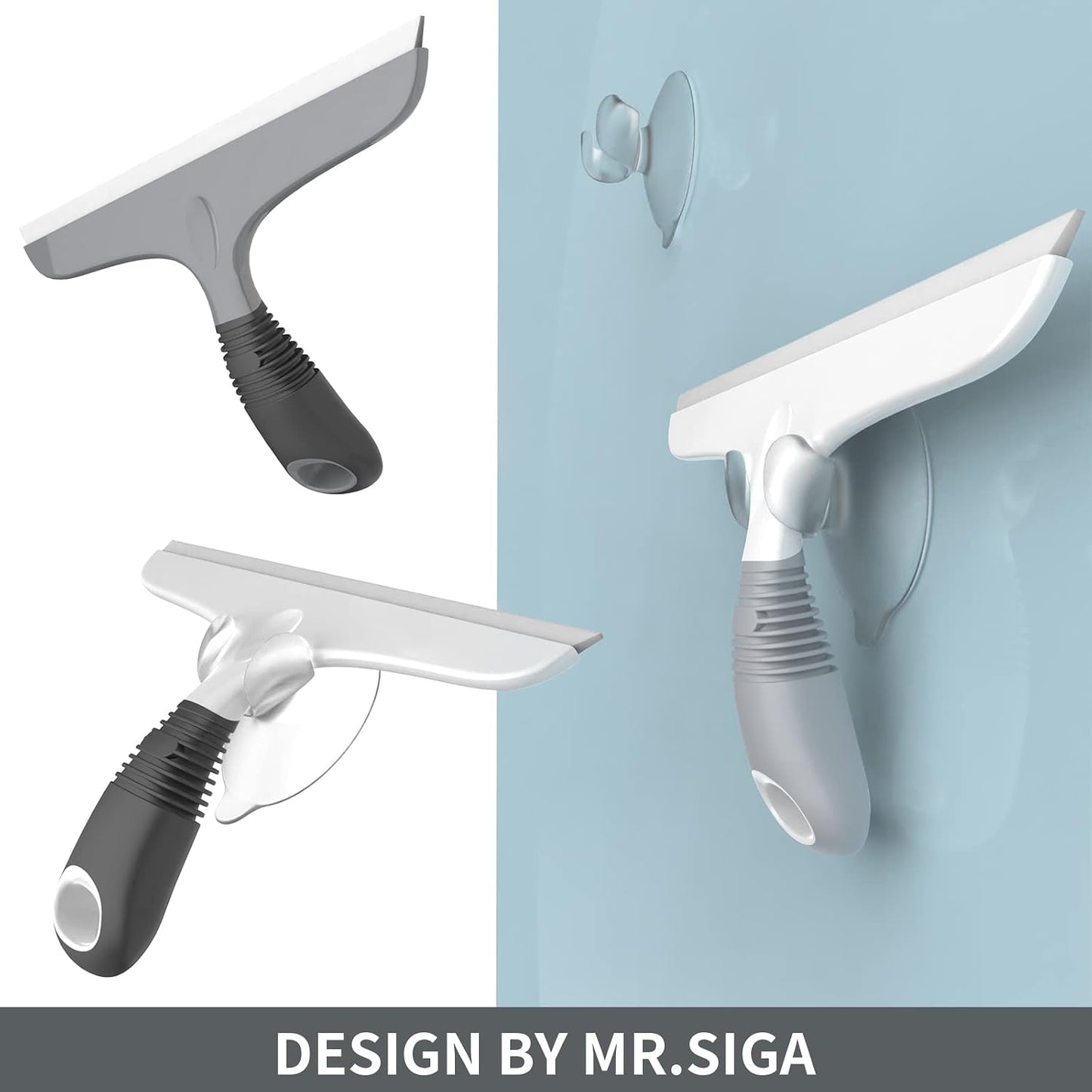 MR.SIGA Silicone Squeegee for Shower Doors, 25 cm/10 inch, White & Gray | Shower squeegee for glass doors, streak free squeegee for windows, showers and glass surfaces, includes suction hook