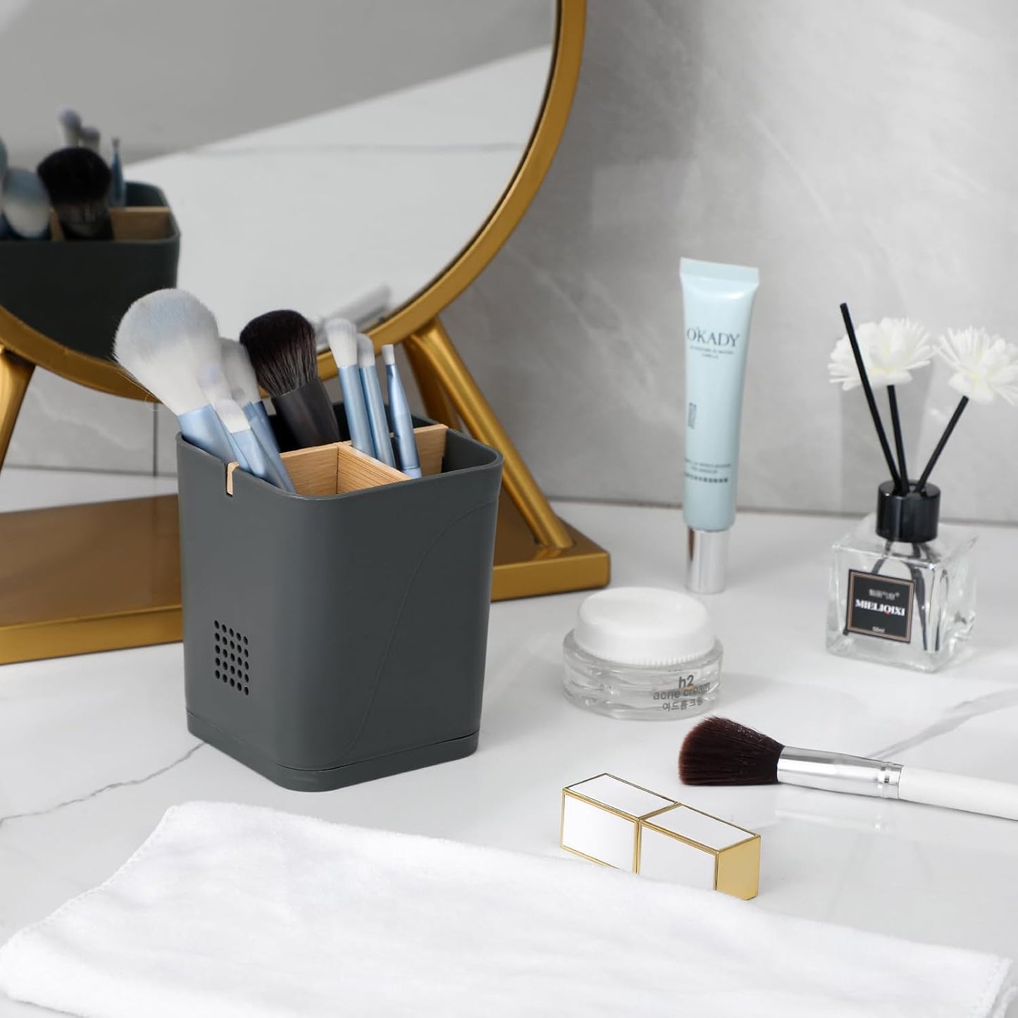 Electric Toothbrush Holder Tooth Brush and Toothpaste Organizer, Black | 3 Slots, Drainage Holes, Removable Bamboo Divider, Ventilation Design, Space-Saving, for Bathroom Countertop, Shower, Vanity