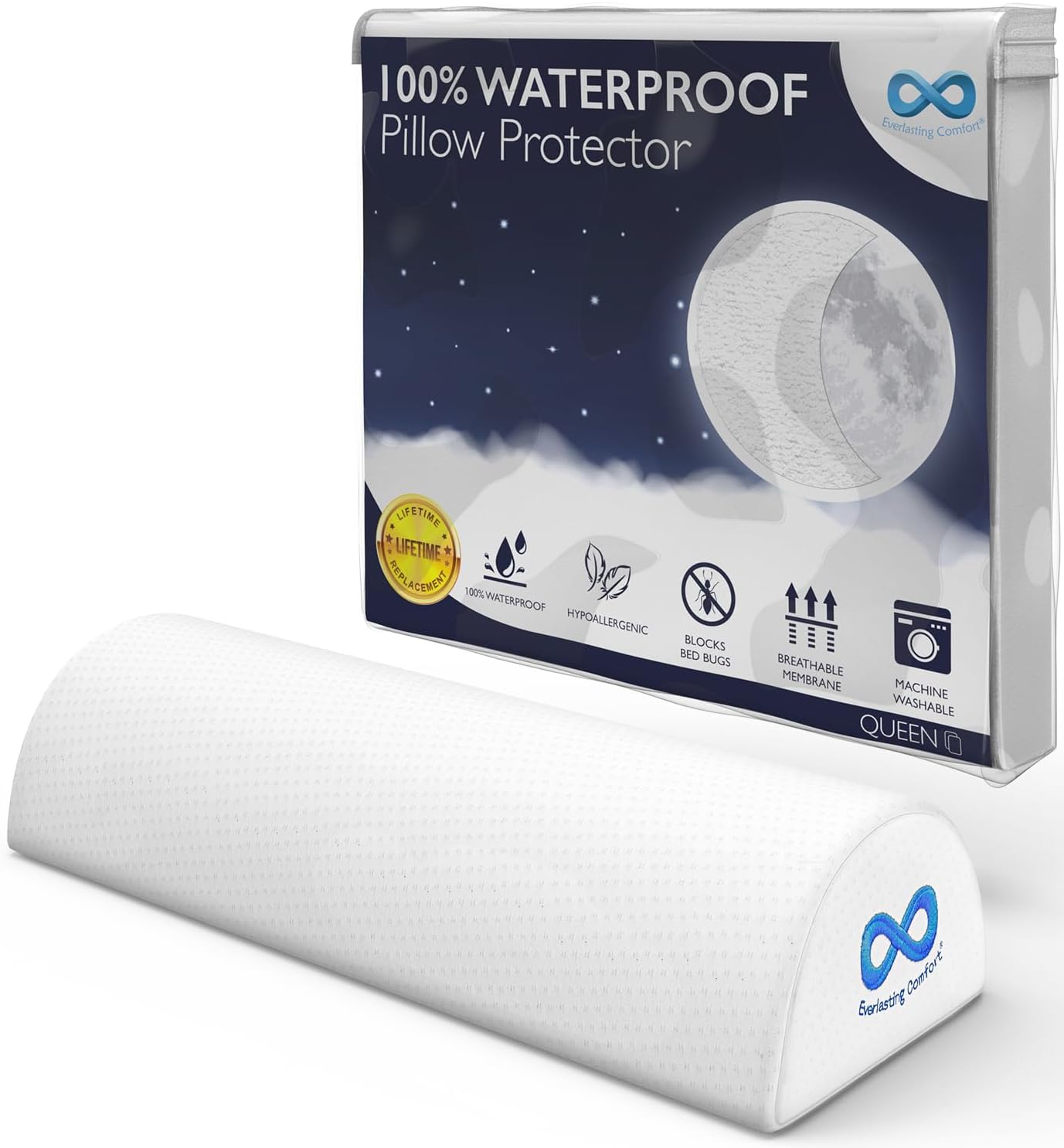 Everlasting Comfort Half Moon Bolster Pillow & Waterproof Pillow Protectors - Luxurious Support, Complete Pillow Protection