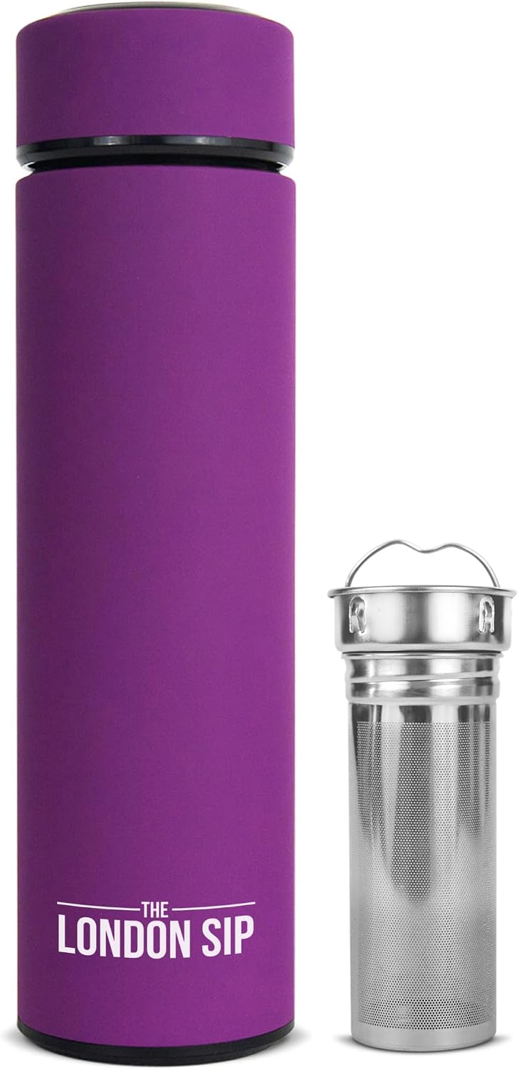 London Sip Multi-Purpose Tea Infuser Travel Mug and Tumbler Fruit Infuser Flask Hot and Cold Double Wall Stainless Steel Thermos with Extra-Long Infuser, Midnight Teal