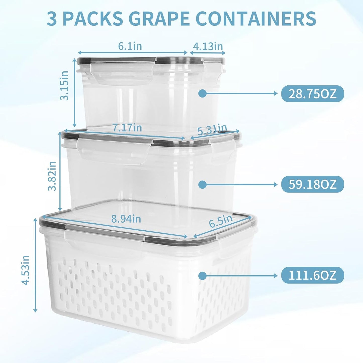 Grape Container for Fridge,3PCS(0.9-13.5Qt) | Leakproof Grape Container with Removable Colander,Dishwasher&Microwave Safe,Keep Fruits, Vegetables, Meat Fresh Longer