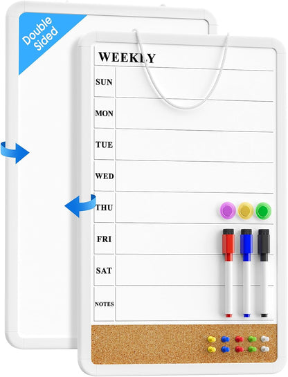 MaxGear Weekly Dry Erase Calendar Board, 11" x 17" Magnetic Whiteboard | Double-Sided Wall Planner: Weekly Calendar on One Side, Blank Whiteboard on The Other, Includes 3 Color Markers and Magnets