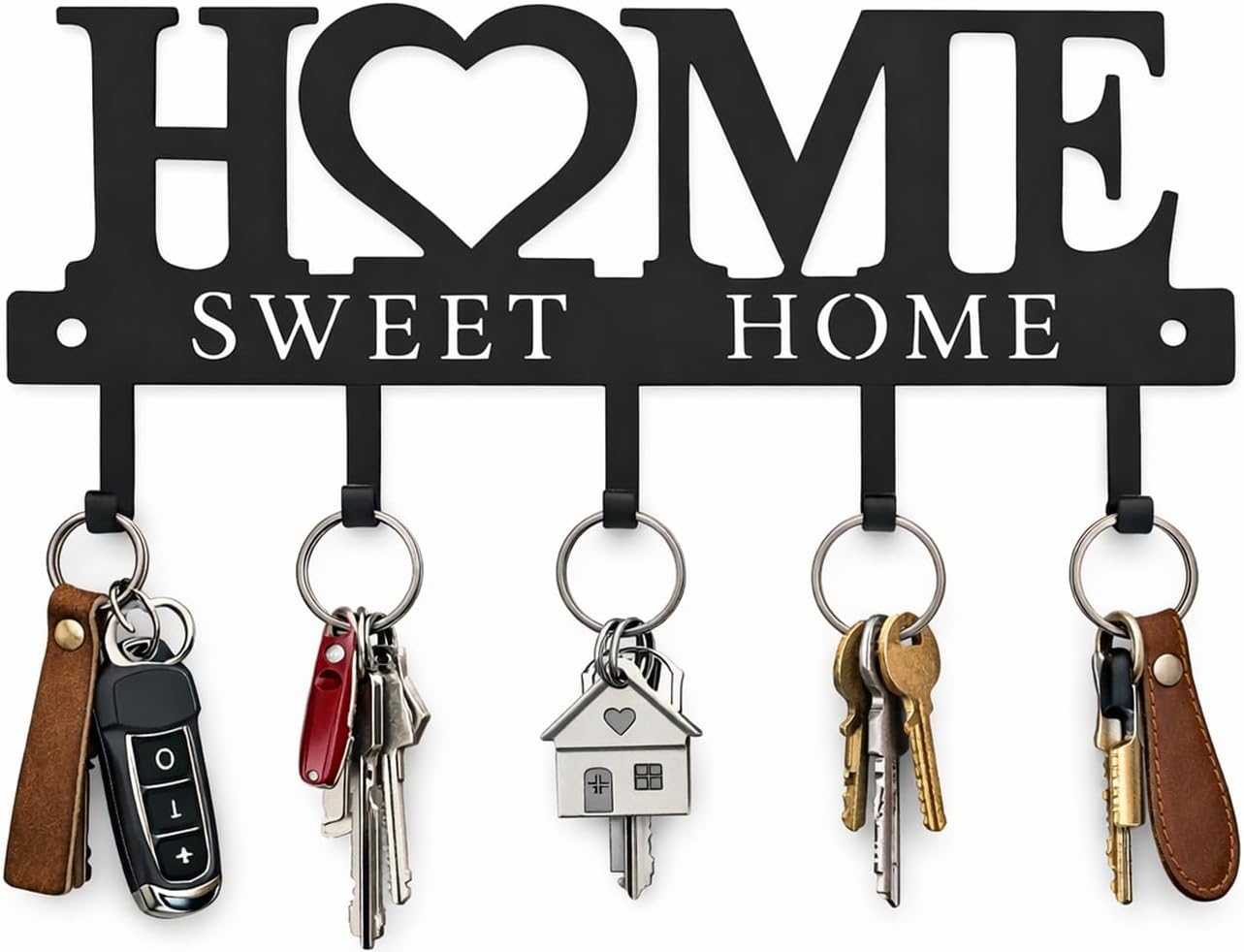 Key Holder Hooks Organizer Shelf Hanger Rack Wall Mounted Sweet Home Metal Decor Stylish and Practical for Entryway Front Door Kitchen Hallway Garage Mudroom Office Hardware Included Black