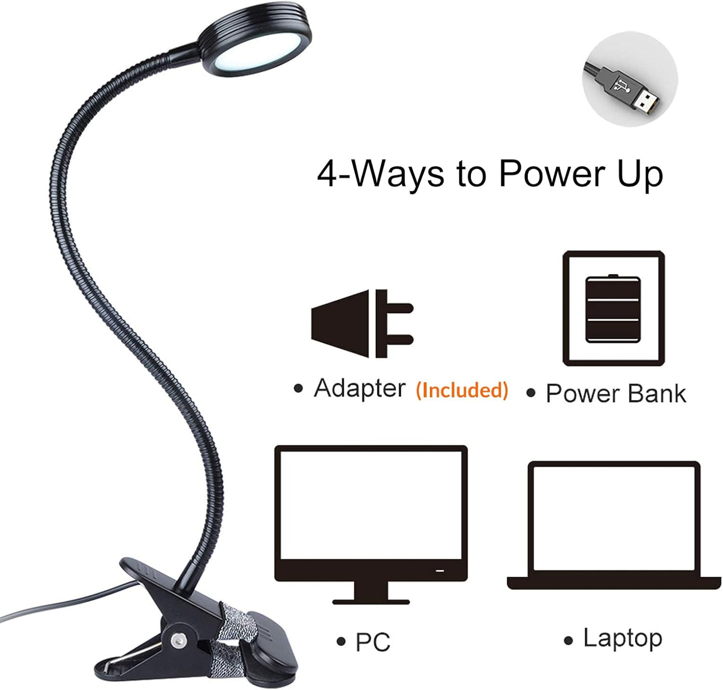 LEPOWER Clip on Light, Book Reading Lamp for Desk, Bed Headboard and Dorm | Adjustable Gooseneck, Color & Brightness Changeable, Adapter Included, LED Table Lamp for Computer, Bedside, Metal, White