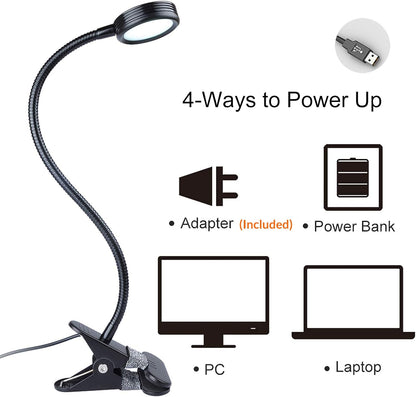 LEPOWER Clip on Light, Book Reading Lamp for Desk, Bed Headboard and Dorm | Adjustable Gooseneck, Color & Brightness Changeable, Adapter Included, LED Table Lamp for Computer, Bedside, Metal, White