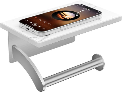FORIOUS Toilet Paper Holder with Shelf, Natural Marble, Commercial | Brushed Nickel, Wall Mount 304 Stainless Steel Commercial Bathroom Tissue Roll Dispenser, Heavy Duty Washroom Paper Storage