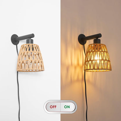 Boho Battery Operated Wall Sconces, Rattan Wall Sconce Set of 2 with Remote, RGB 15 Colors Dimmable Rechargeable Wall Light, Black Indoor Wireless Wall Lamp, Farmhouse Rattan Wall Lighting for Bedroom