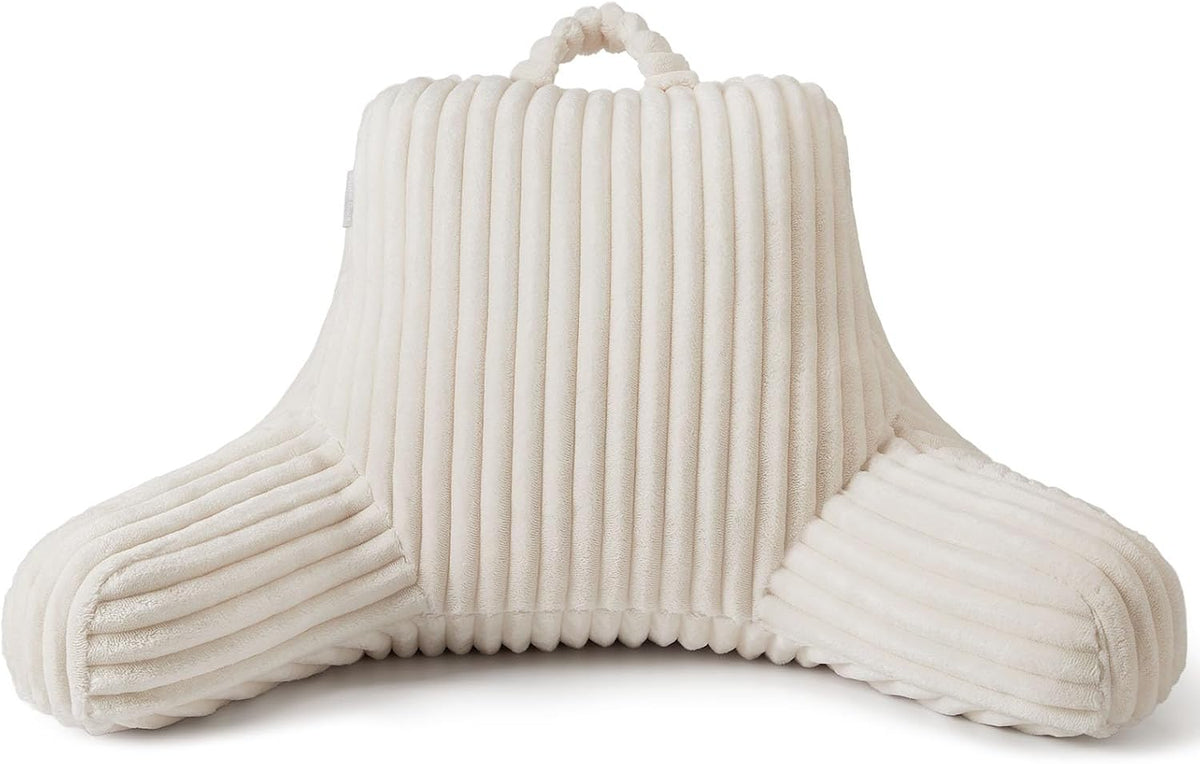 Blissful Diary Reading Pillow, Backrest Pillow with Shredded Memory Foam for Adult & Children, Designed for Bed and Couch Sitting Up, Includes Arms, Pockets and Washable Cover, Off White