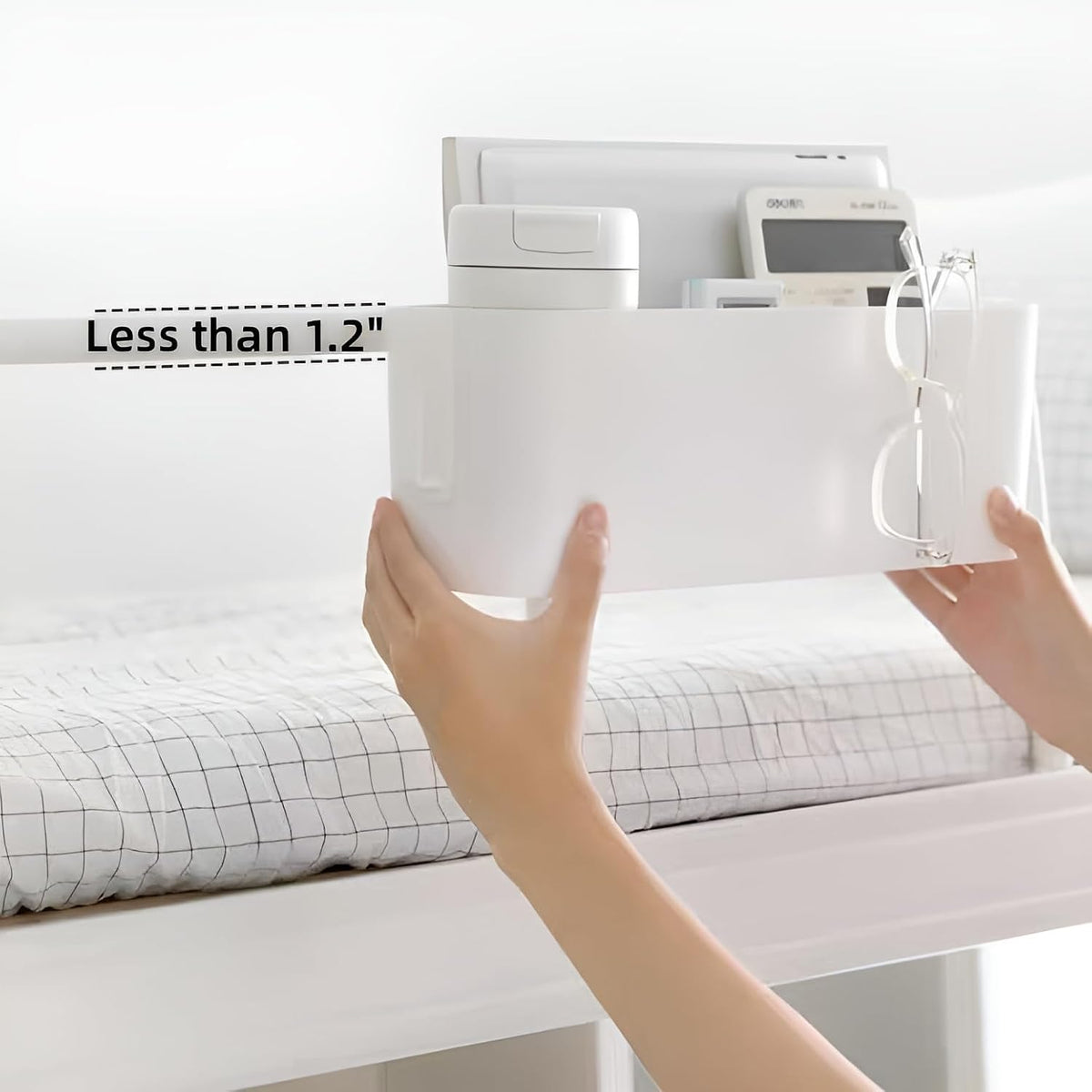 Bedside Organzier Caddy Hanging, Plastic Bunk Bed Shelf with Hooks, Large Storage Holder for Dorm Room Bed, Hospital Bed, Baby Bed Rails, 11 Lbs / 5 Kg Capacity (White)