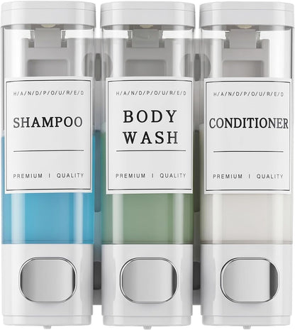 Shampoo and Conditioner Dispenser, Shower Soap Dispenser Wall Mounted, Shampoo Dispenser for Shower Wall No Drill, Bathroom Body Wash Dispenser 2 * 350ml White 2 Chamber