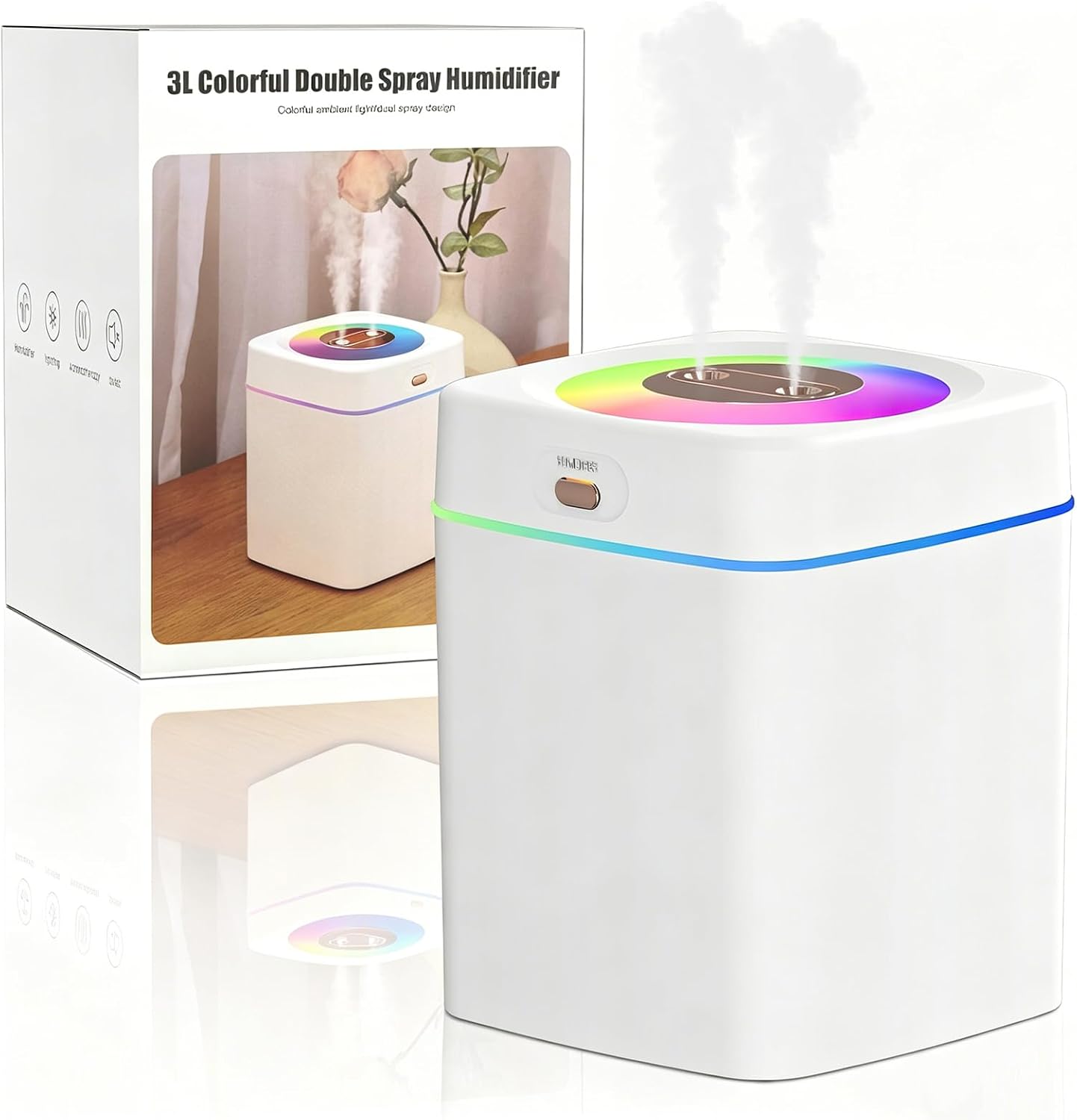 Humidifier for Bedroom, 25dB Cool Mist Humidifier for Home, 2L Top Fill Tank for Large Rooms with 24H Runtime, NightLight, 12H Auto-off Safe for Baby Nursery, Office, Pets, Plants, SD03a, White