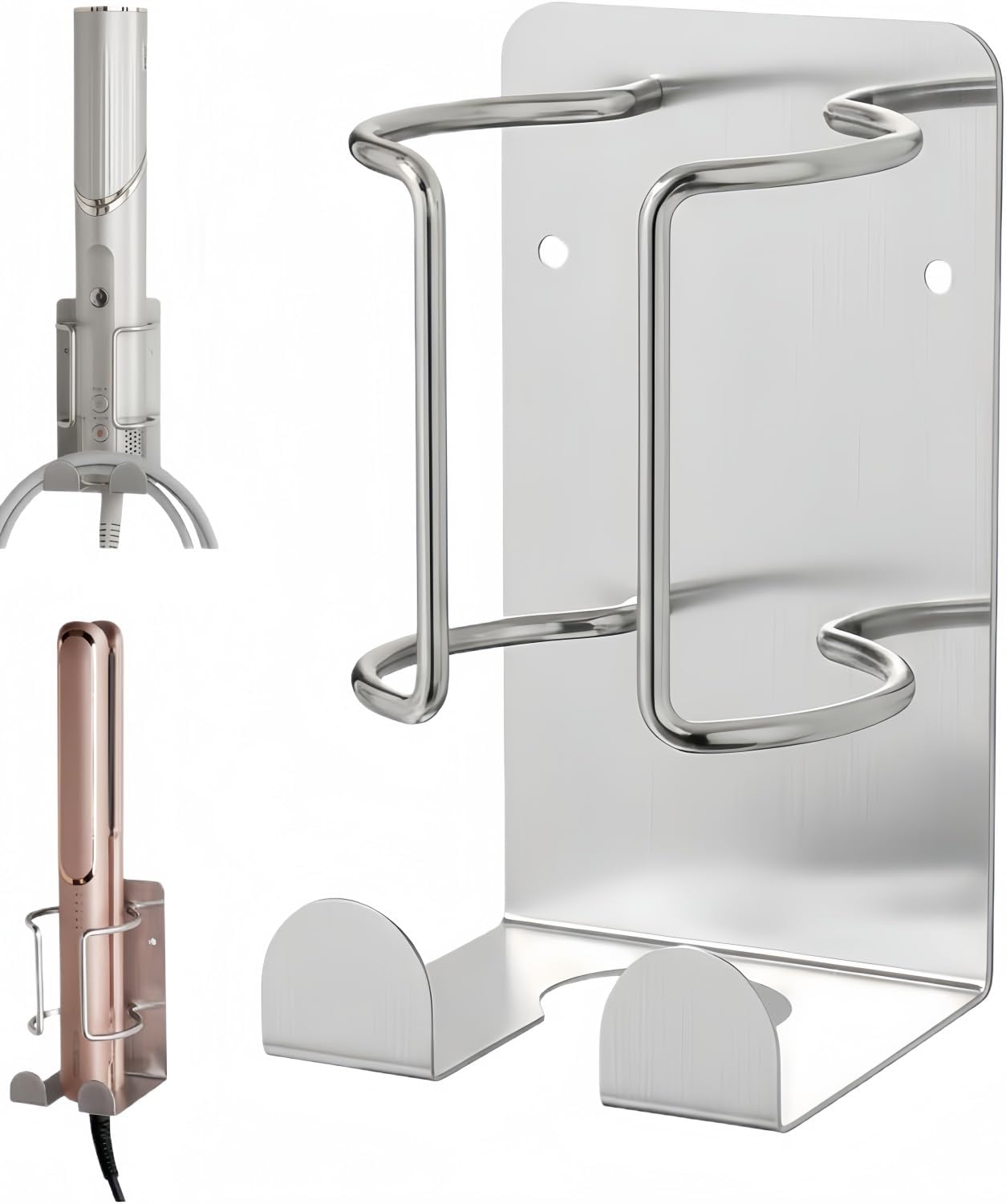 Hair Dryer Holder Wall Mounted, Stainless Steel Blow Dryer Holder for Bathroom, Hair Dryer and Straightener Holder Adhesive or Drilling, Hair Tool Organizer for Salon Barber Shops Banjekt