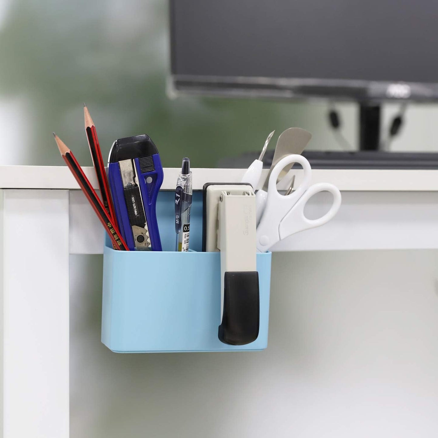 MoKo Magnetic Pen Holder, Pencil Accessories Whiteboard Organizer, White | Magnetic dry erase marker holder has two compartments and an ABS body for whiteboards, refrigerators and lockers.