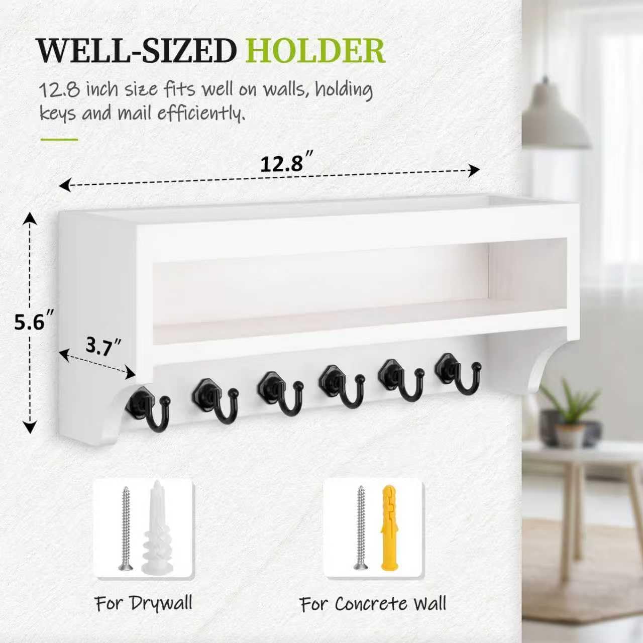 Nekon Key Holder Wall Mount, Pine Wooden Mail Organizer, White | 12.8"W x 5.6"H x 3.7"D Wall Mounted Key and Mail Organizer with 6 Key Hooks, Key Rack for Home Entryway Decor