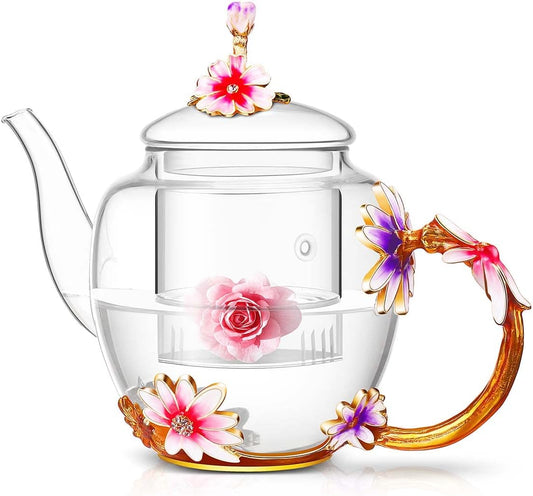Luka Tech 35OZ Enamel Glass Flower Teapot Gifts For Women