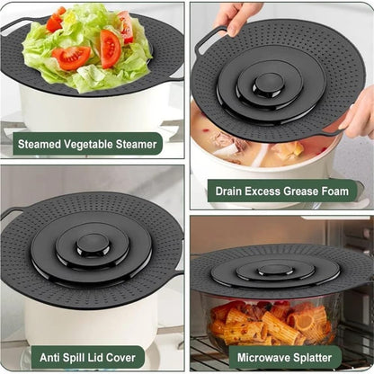 Universal 30cm Silicone Pot Lid - Reusable Spill Stopper For Pans And Pots(Black)