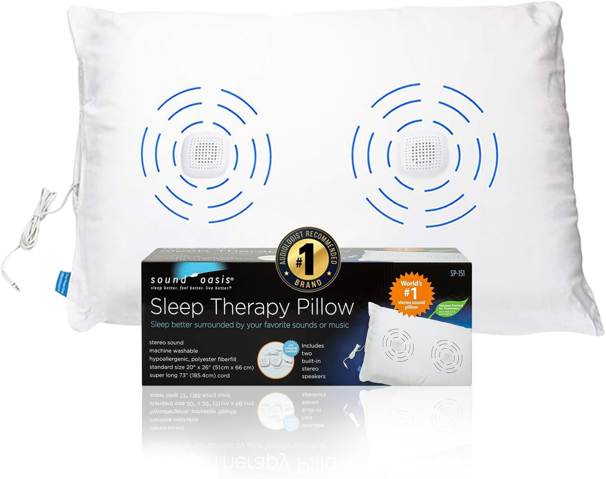 Sound Oasis Pillow Speakers, 2 UltraThin Stereo Speakers, Volume Control, Surround Sound for Music, Sleep, Tinnitus Masking, Connect to External Sound Source with 1/8" 3.5mm Headphone Jack Plug, White