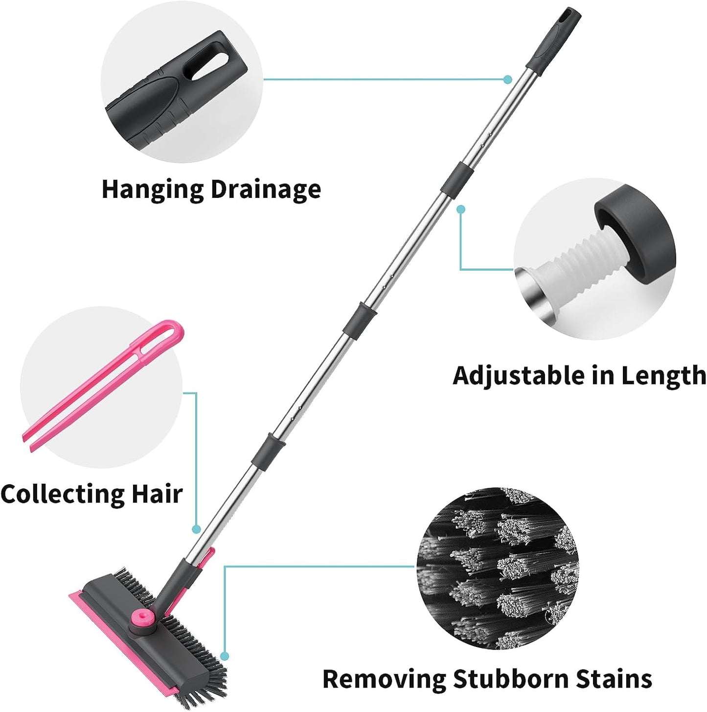 AIR U+ Floor Scrub Brush with Long Handle, 3-in-1 Rotating Head & Squeegee | Stiff Dual-Sided Bristle Scrubber for Shower, Bathroom, Kitchen and Patio, 30–50 In Handle for Easier Stand-up Cleaning