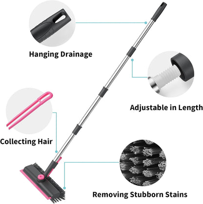 AIR U+ Floor Scrub Brush with Long Handle, 3-in-1 Rotating Head & Squeegee | Stiff Dual-Sided Bristle Scrubber for Shower, Bathroom, Kitchen and Patio, 30–50 In Handle for Easier Stand-up Cleaning