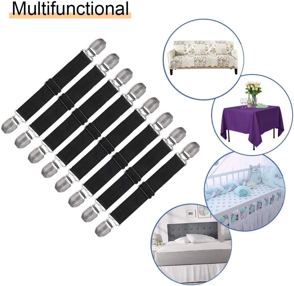 Adjustable Bed Sheet Straps Clips, Elastic Mattress Sheet Fasteners Holder and Suspenders, Grippers to Hold Sheet, Mattress, Sofa, Couch, Table Cloth, Recliner Ironing Board Cover and More