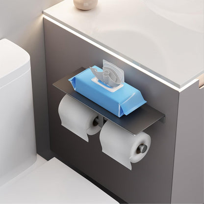 Matte Black Toilet Paper Holder with Shelf, Wall-Mounted Bathroom Organizer, Double Roll