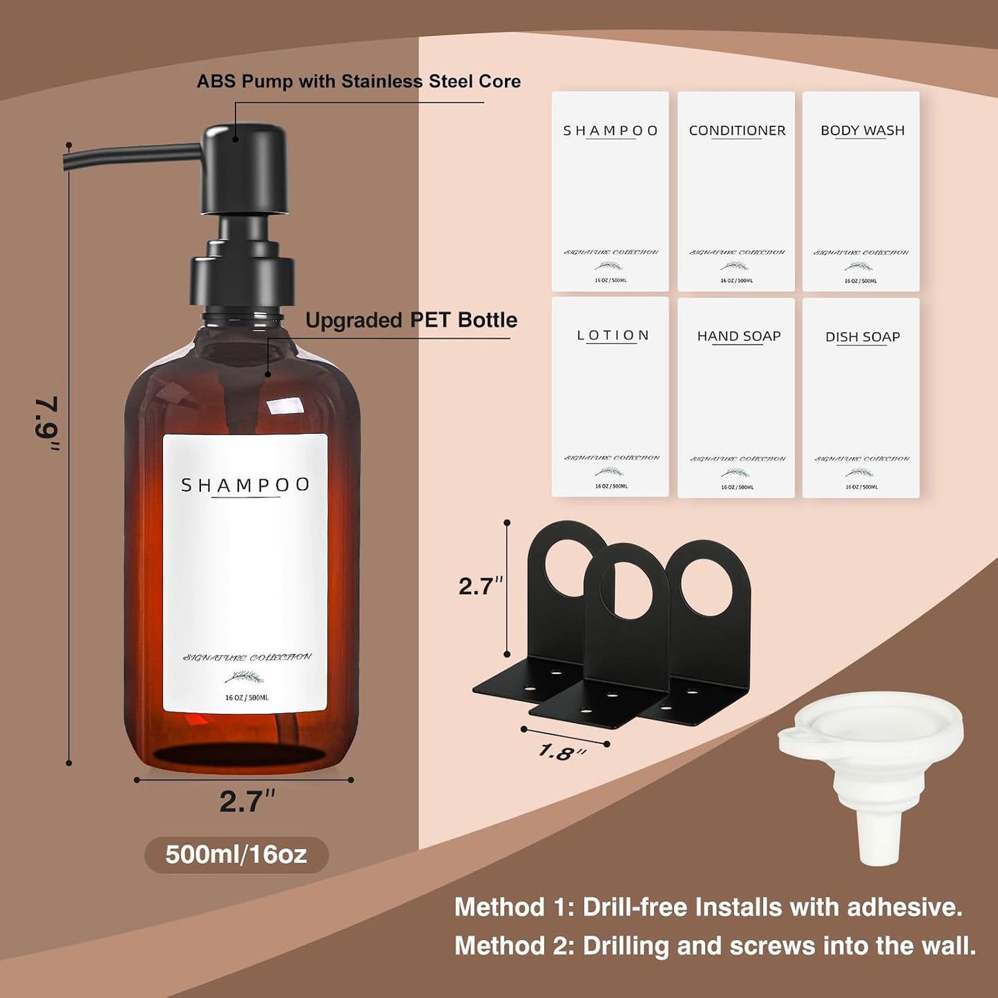 Supforce Shampoo Dispenser for Shower, No Drill Dispenser with Pump & Label | Shampoo and Conditioner Dispenser Wall Mount Set of 3, Pet Bottle Shower Soap Dispenser for Home Bathroom, Amber