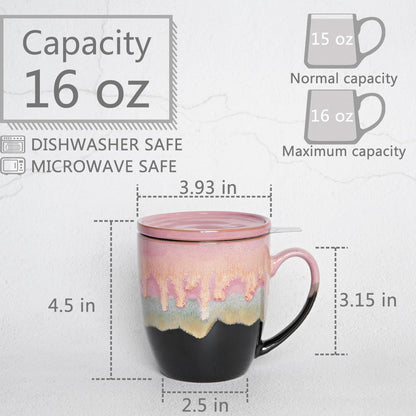 Bosmarlin Ceramic Tea Cup with Infuser and Lid, 16 Oz, 4 Color to Choose Dishwasher and Microwave Safe, Steeping Tea Mug with Strainer (Blue)