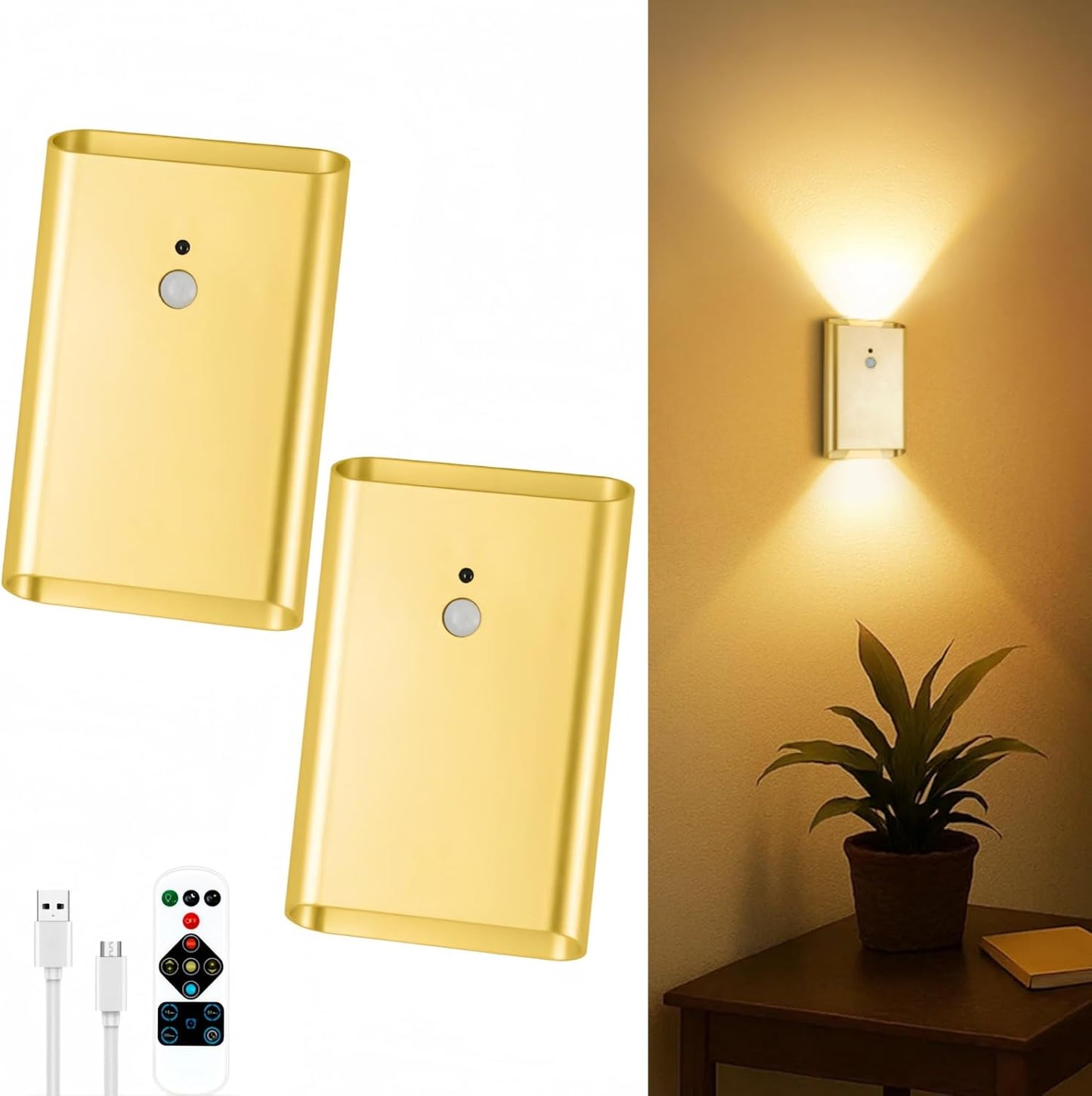 Eneru Motion Sensor Wall Sconce, Rechargeable Wireless Lights Indoor 2 Pack | 5000mAh battery powered, remote 3CCT dimmable, cordless magnetic mount, motion night light for hallway closet bathroom stair