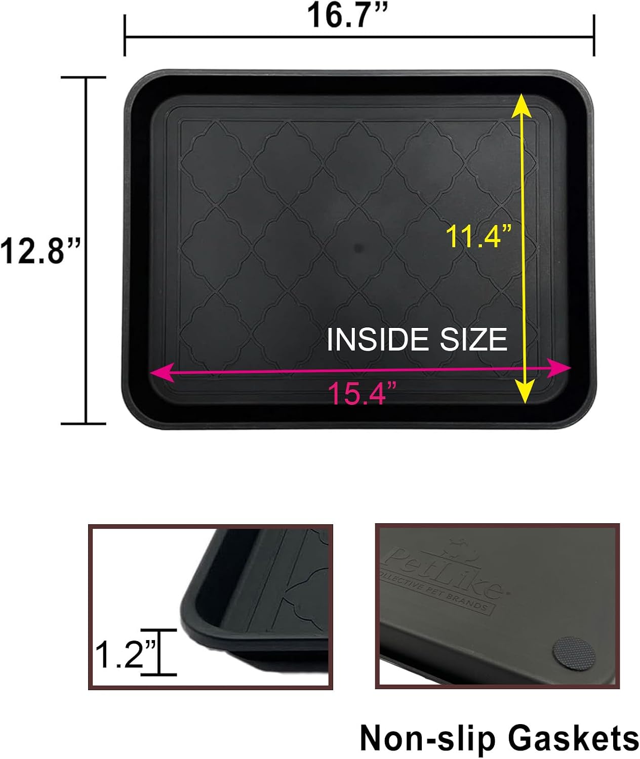 PetLike Boot Tray for Entryway Indoor/Outdoor, Hard Plastic Pet Food Mat 2pack,16.7 x 12.8 INCH Waterproof Shoe Tray, Multi-Purpose Trays for Boots, Shoes, Pets, Garden