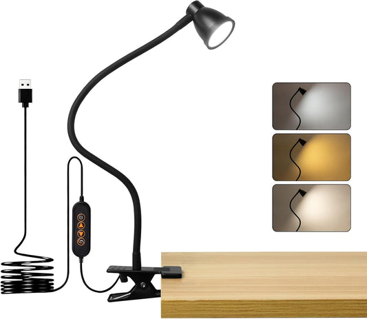 LED Clip Light 3 Color 10 Brightness Dimmable Clamp Desk Lamp Black