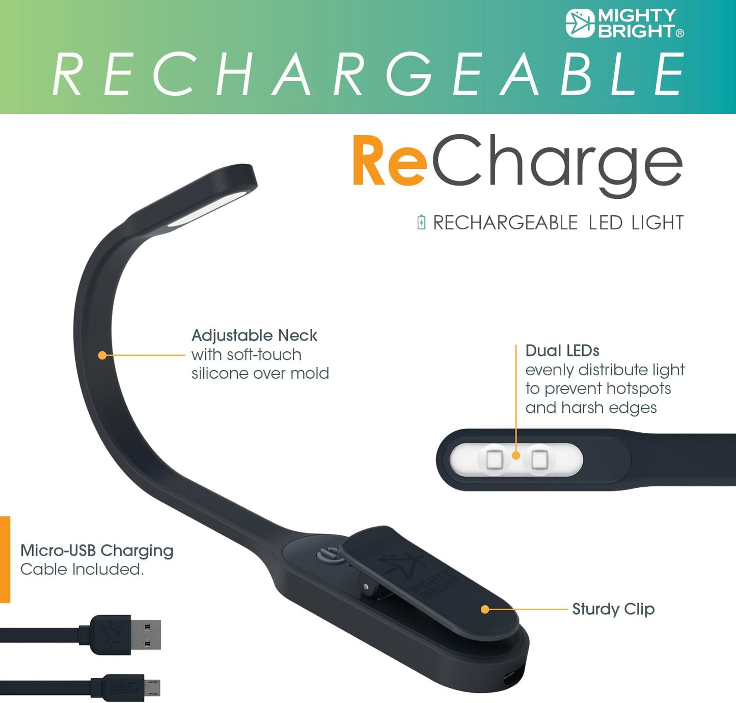 The Original Mighty Bright Recharge Clip On Rechargeable Book Light Reading Light, Warm Eye Care LEDs, Flexible, Durable, Dimmable, Perfect for Kids, Bookworms, Reading in Bed, Lasts 60 Hours (Green)