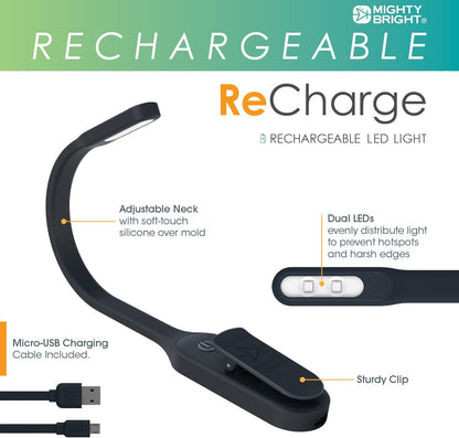 The Original Mighty Bright Recharge Clip On Rechargeable Book Light Reading Light, Warm Eye Care LEDs, Flexible, Durable, Dimmable, Perfect for Kids, Bookworms, Reading in Bed, Lasts 60 Hours (Green)