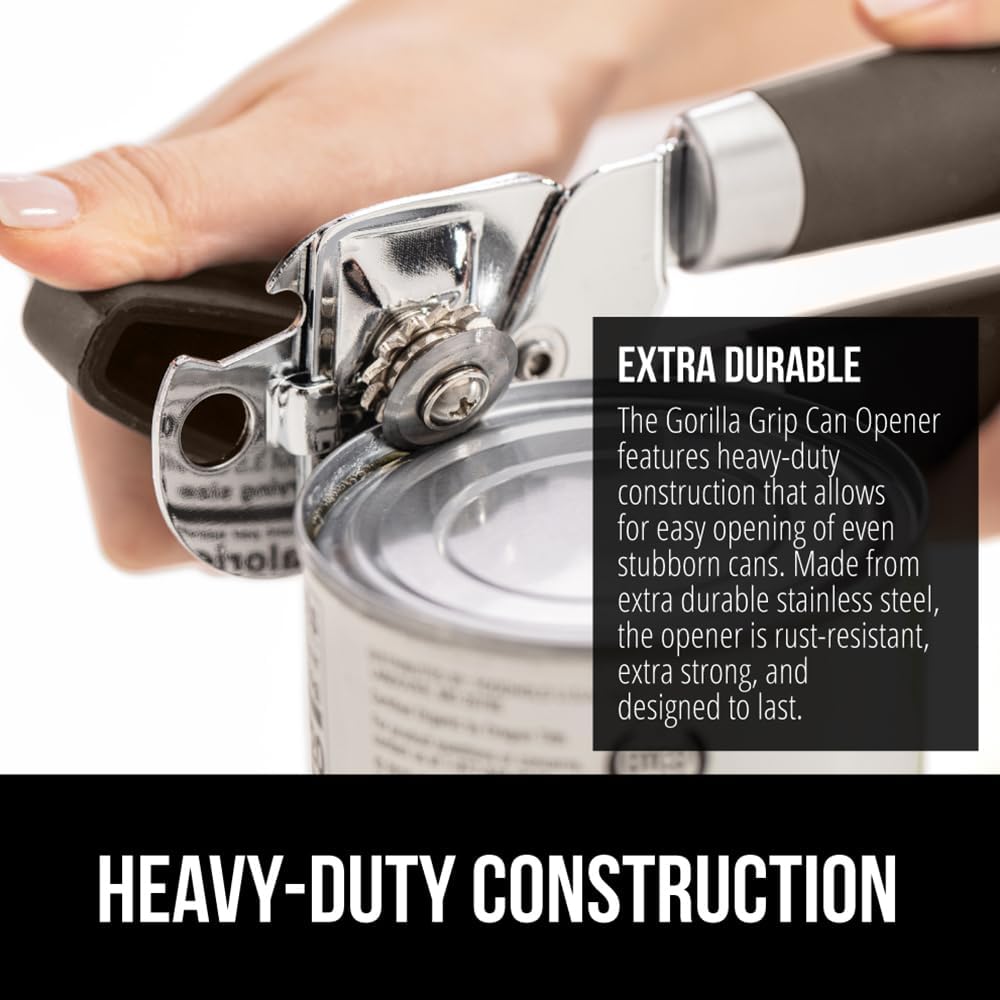 GORILLA GRIP Original Model Stainless Steel Smooth Edge Manual Can Opener and Bottle Openers, US Designed, Comfortable Handle, Oversized Handheld Turn Knob, Multifunctional Kitchen Tool, Gray