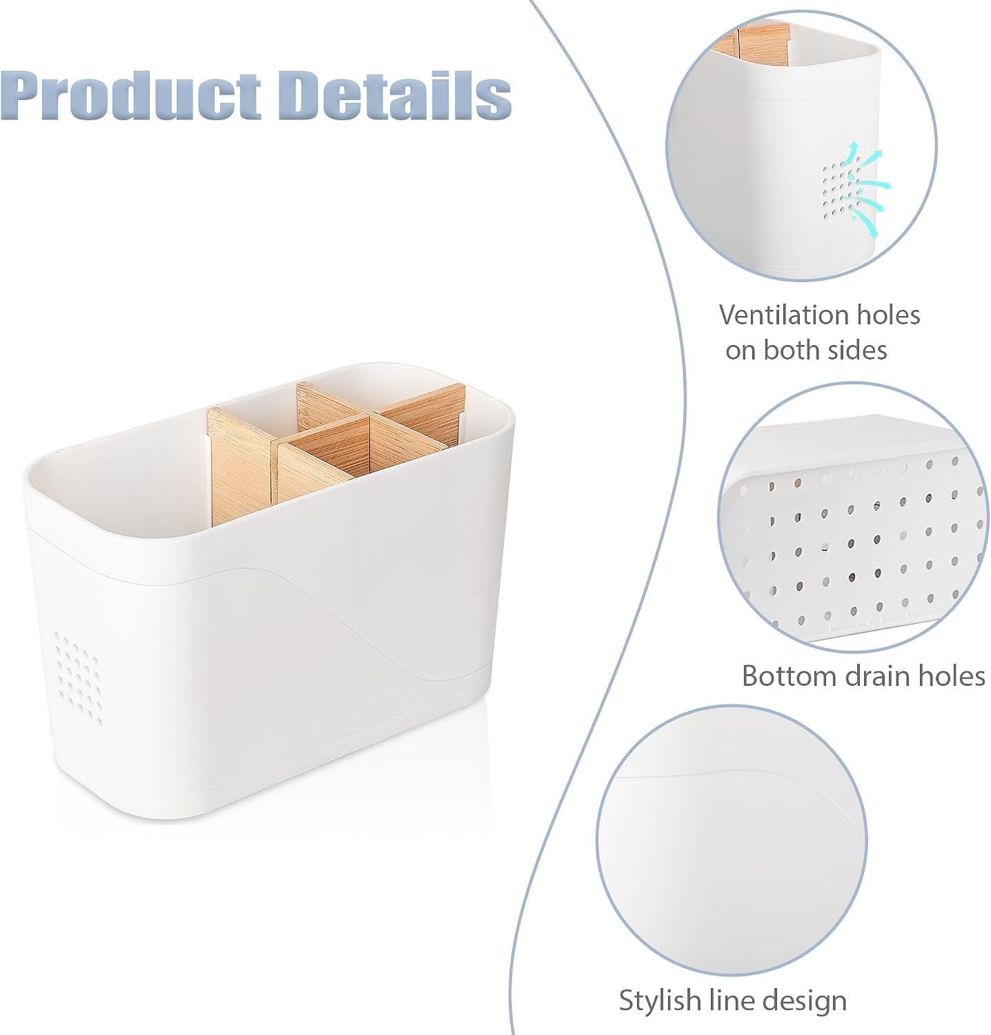 Electric Toothbrush Holder Tooth Brush and Toothpaste Organizer, Black | 3 Slots, Drainage Holes, Removable Bamboo Divider, Ventilation Design, Space-Saving, for Bathroom Countertop, Shower, Vanity