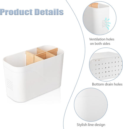 Electric Toothbrush Holder Tooth Brush and Toothpaste Organizer, Black | 3 Slots, Drainage Holes, Removable Bamboo Divider, Ventilation Design, Space-Saving, for Bathroom Countertop, Shower, Vanity